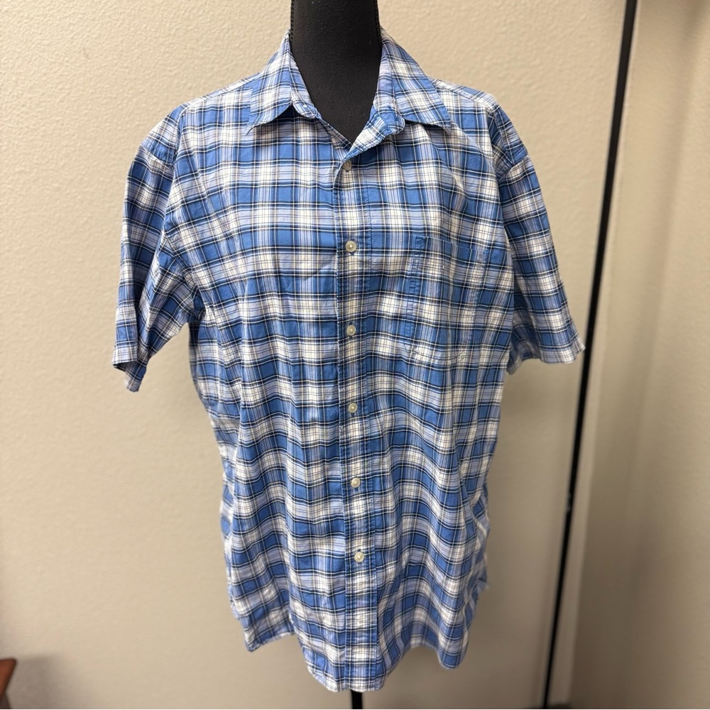Eddie Bauer Blue Plaid Corded Chambray Button Up Shirt Mens Large Cotton